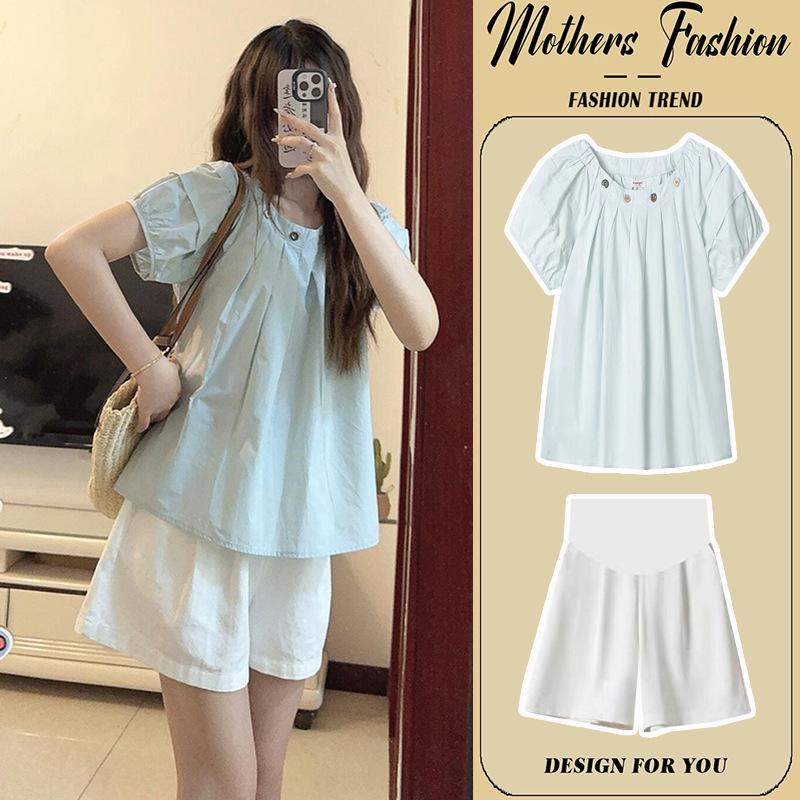 

Summer Casual Maternity Set: Puff Sleeve Top & Versatile Shorts M