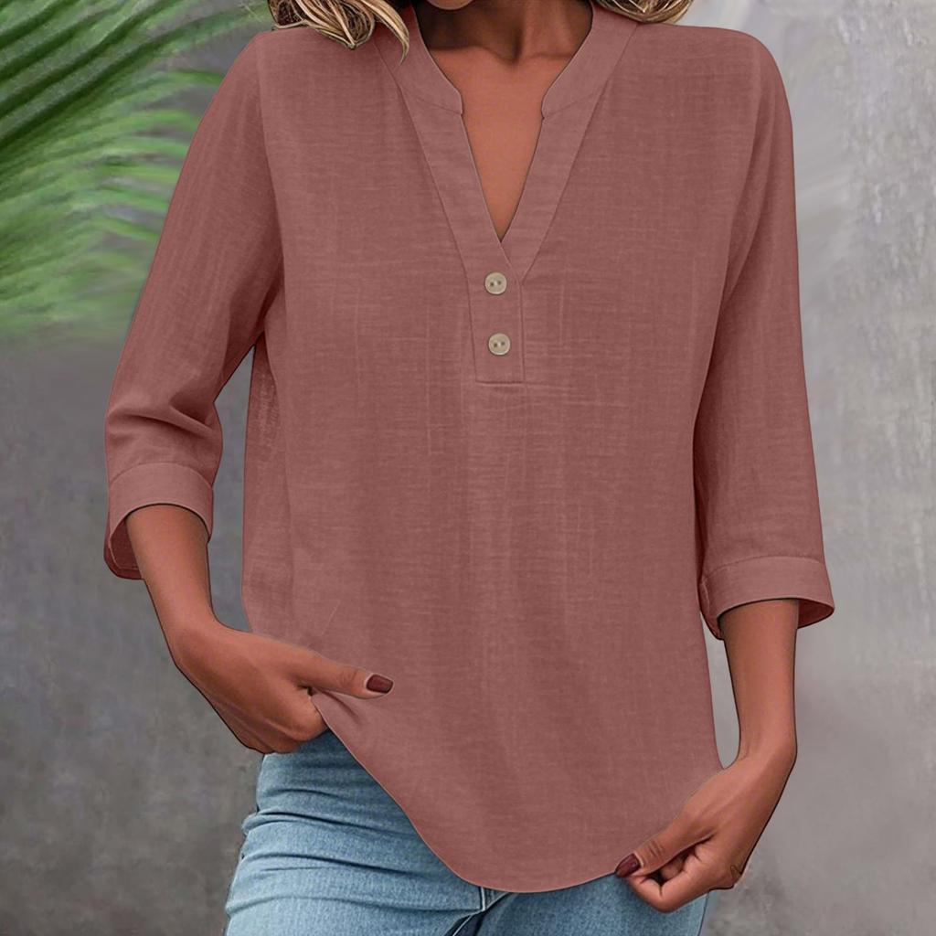 3/4 Sleeve Linen Tops For Women Loose Fit V Neck Button Down Shirts Cute Solid Summer Beach Tee Shirts
