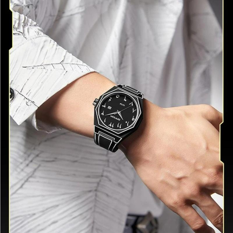 SANDA Fashionable Men's Quartz Watch Waterproof Silicone Strap Unique Scale Calendar Creative Lines Student Watches