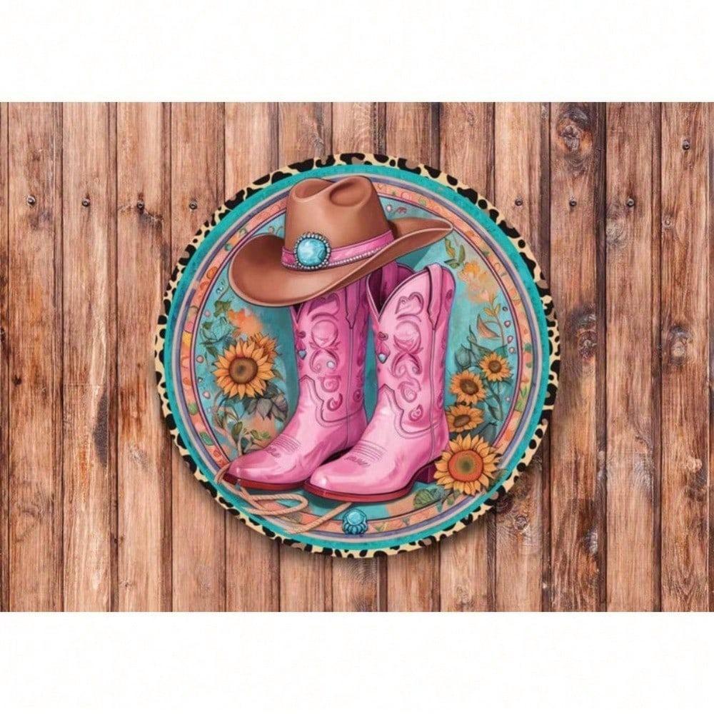 Pink Cowboy Boots Western Metal Wall Art Retro Room Decor Sign