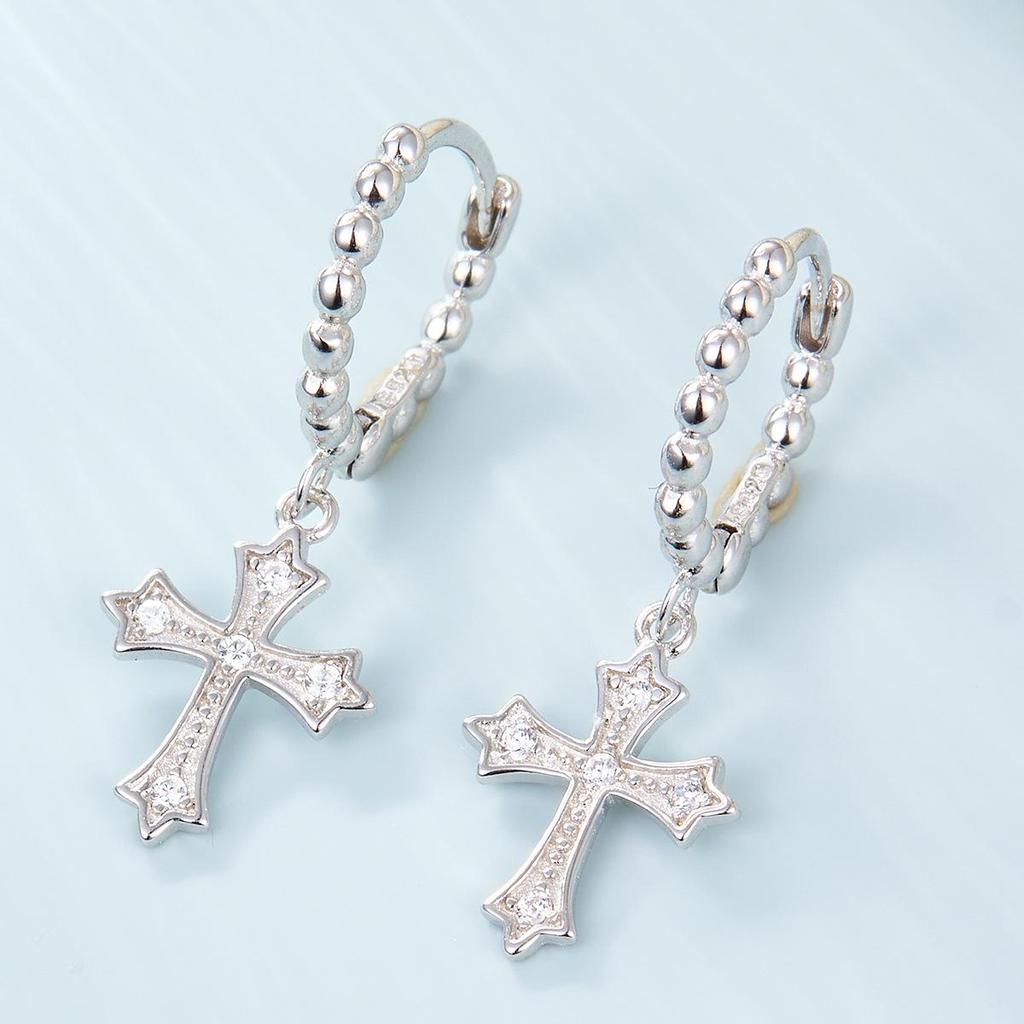 S925 Sterling Silver Zircon Cross Earrings with Round Bead Hoops - High-End European and American Style for Women