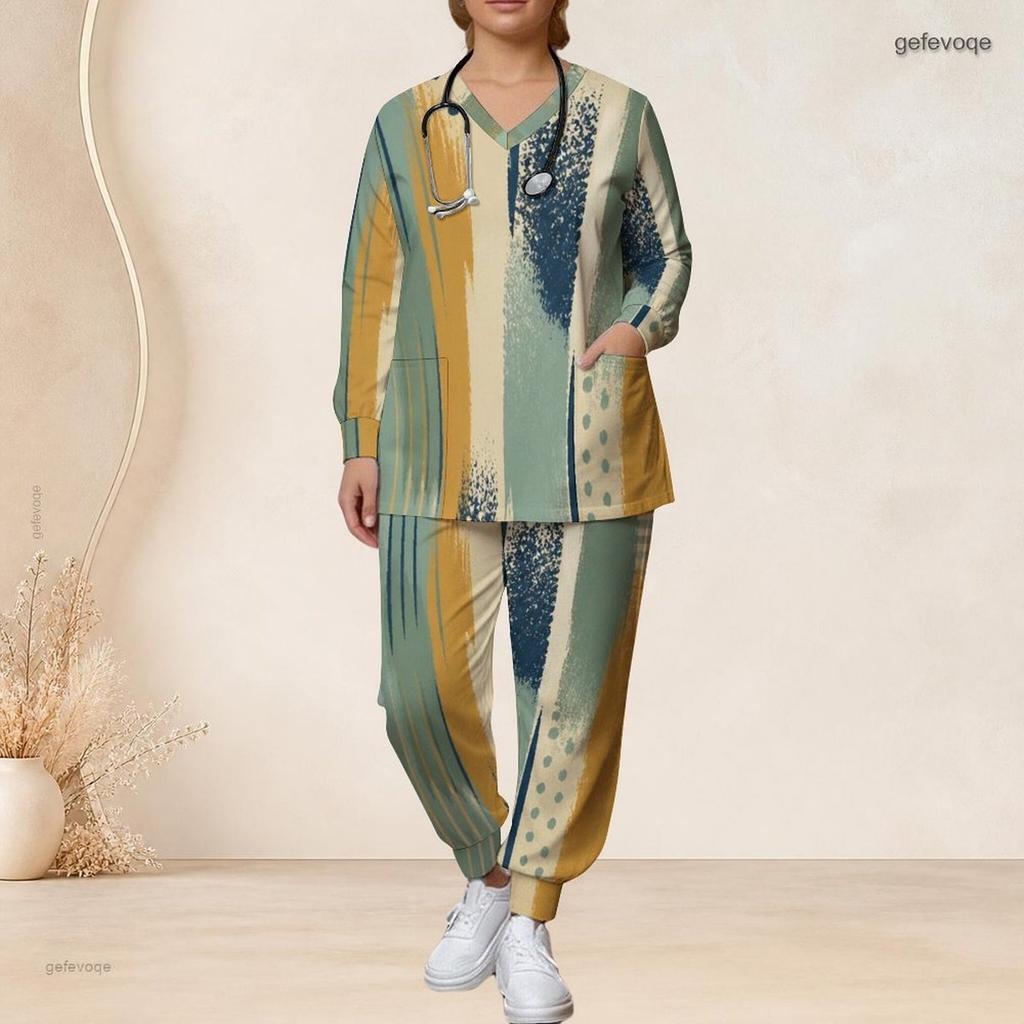 Women Plus Size Nurse Scrub Set V Neck Long Sleeve Printed Navy Blue Black Pocket Top And Pants