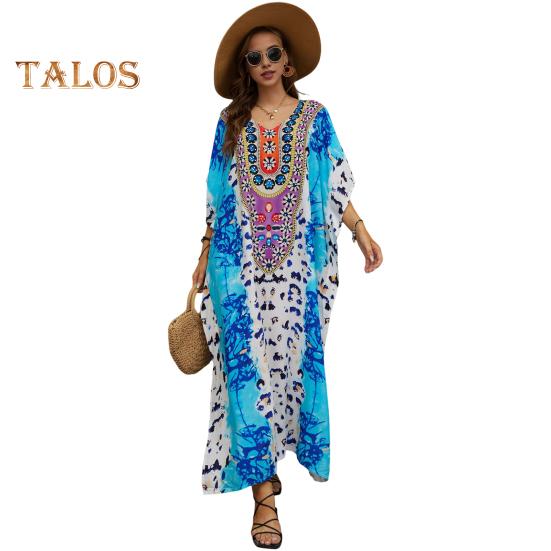 Beach Cover Up Dress V-neck Short Sleeve Loose Fit Bikini Cover Up with Side Slit Vibrant Color Print Vacation Travel Swimsuit Cover-Up