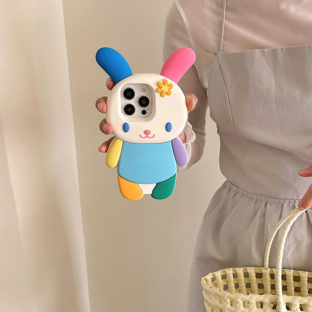 Japan Ins Kawaii 3D Cartoon Rainbow Bunny Rabbit Soft Silicon Phone Case Shockproof Cover for iPhone 16 15 14 Plus 13 12 Pro Max