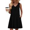 Women's Fashion Color Summer Sleeveless V-neck Vest Pocket Casual Loose Dress