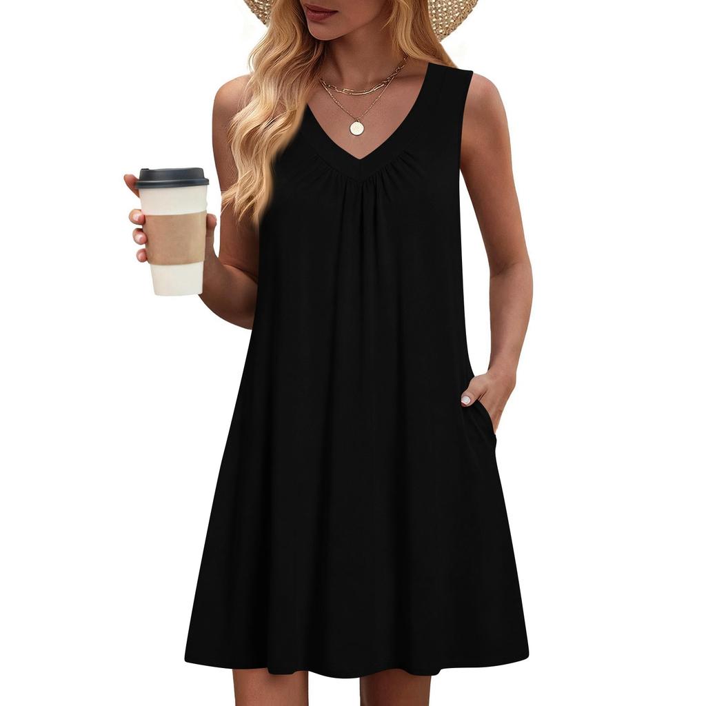 Women's Fashion Color Summer Sleeveless V-neck Vest Pocket Casual Loose Dress