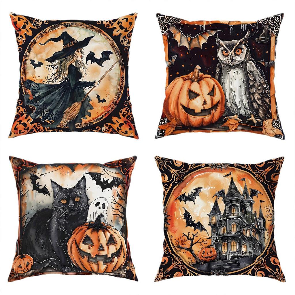 1Pc Halloween Holiday Pillow Cover 18X18 Inch Polyester Print Retro Style Holiday Decoration Home Sofa Cushion Cover
