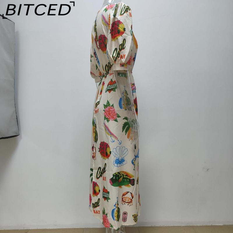 BITCED Spring Women's Printed Lantern Sleeve Fitted 1/2 Sleeves Full-Skirt Dress