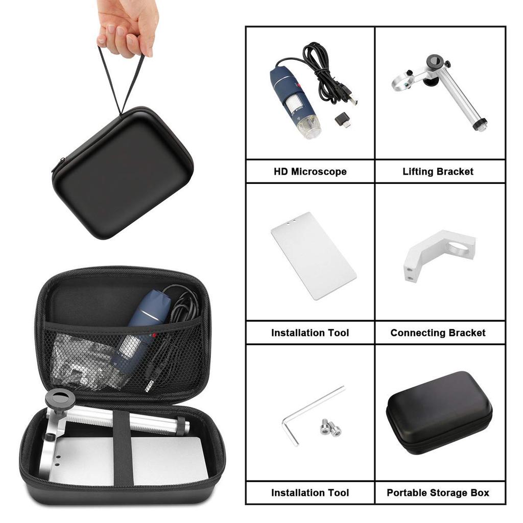 Jiusion HD 2MP USB Digital Microscope, 40x to 1000x Magnification, Portable Magnifying Endoscope Camera with 8 LEDs, Aluminum Alloy Stable Stand, OTG,