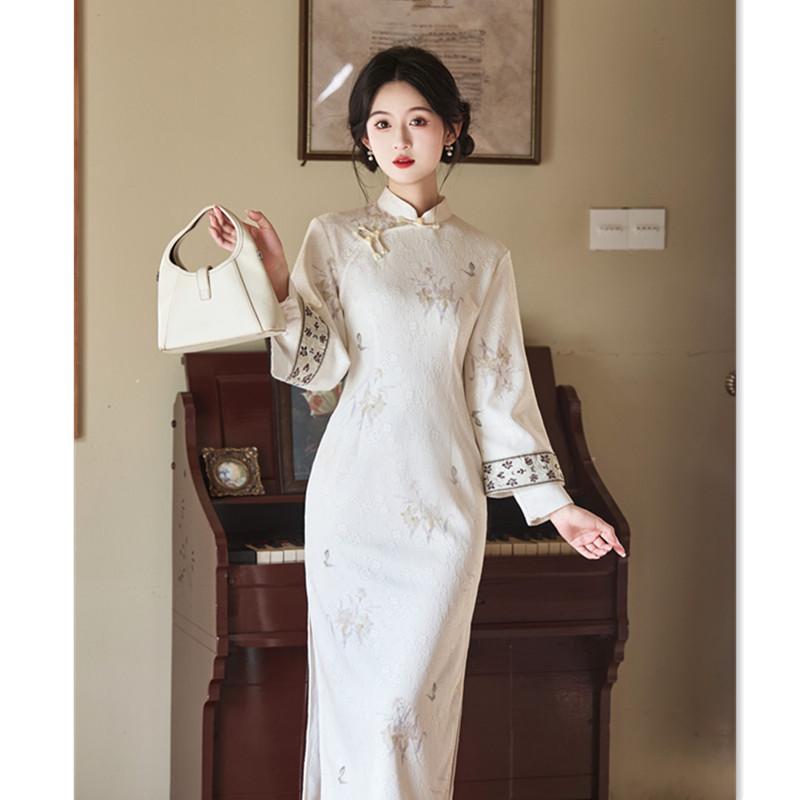 Fashion Improvement New Chinese Long Inverted Long-sleeved Cheongsam Autumn and Winter New Loose Version Daily Wear Cheongsam