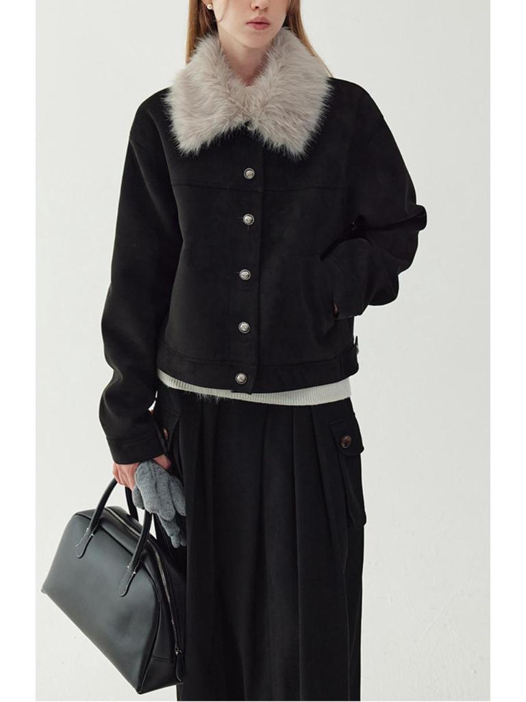 Women's Retro Suede Jacket with Detachable Fur Collar - 2025 Autumn/Winter Collection