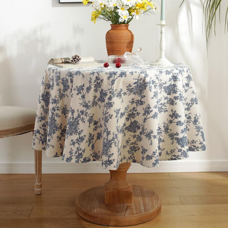 Small Round Tablecloth Ins Wind Cotton Linen Blue Printed Tablecloth Retro Blue Flower Tea Table Cover Cloth