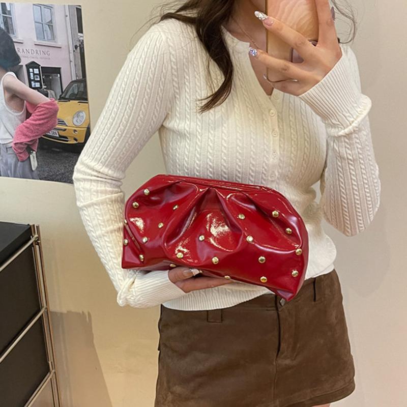Yogodlns Simple Versatile Clip Evening Handbags for Women Solid Color Rivet Pleated Design Ladies Clutch Female Soft Pu Leather Purse