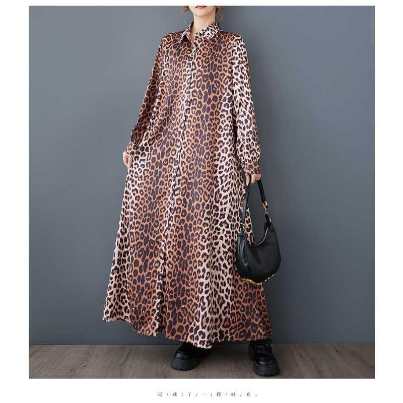 Loose Literary Big Size Fashion Leopard Print Mid-length Temperament Casual Dresses