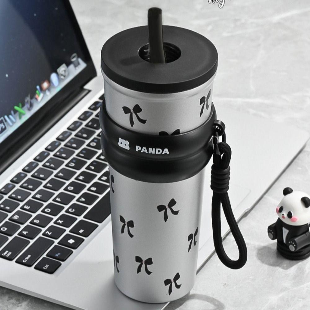 

700ml Water Bottle Stainless Steel Drinking Water Cup Portable Insulated Mug Female black straw lid steel liner