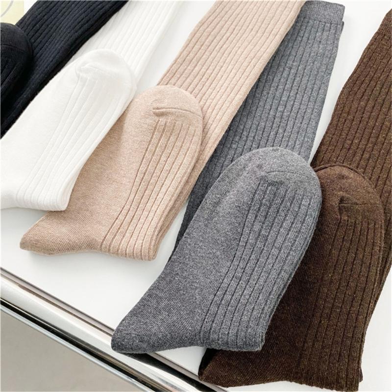 Women Ribbed Knitting Cotton Long Socks Autumn Winter Warm Fashion Solid Color Casual Breathable Knee High Stockings