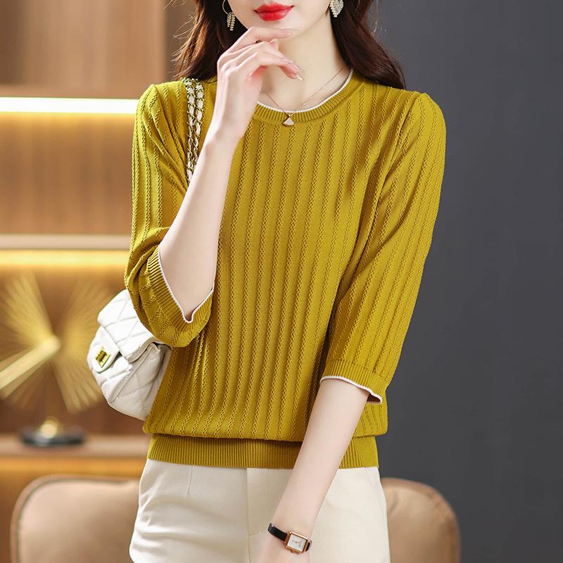 Women's Knitted T-shirt  Seven Quarter Sleeved Versatile Top for Middle-aged Mothers Summer Knitted Base Shirt