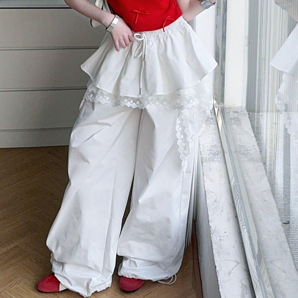 Young Women Lace Tiered Skirt Pants Baggy Wide Leg Trousers Y2k Lace Patchwork Pants  Lady