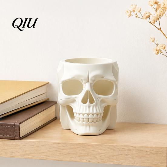 Small Sundries Storage Container Skull Shape Pen Holder, Large Capacity Desktop Organizer, Matte Personalized Dark Office Decor Finish PLA Cup