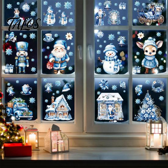 Home Decor for Christmas 9Pcs Window Clings, Blue Santa Snowman Reindeer Static Stickers, Nutcracker Clings Reusable Double Sided Xmas Decorations