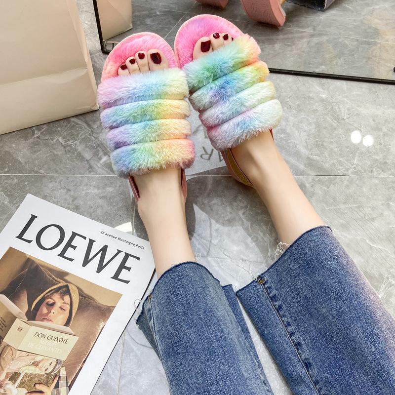

Модные пушистые тапочки женские разноцветные с плавным переходом домашние на каблуке с крутыми тапочками 42-43（270MM）