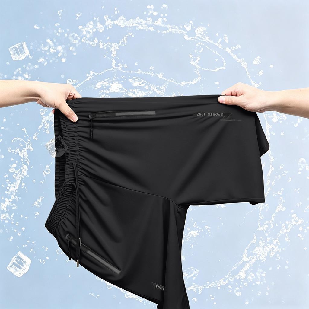 Men’s Ultra Lightweight Stretchy Ice Silk Seven Tenth Length Pants with Elastic Waistband and Zipper Pockets for Everyday Wear