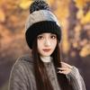 Korean Version of All match Color blocking Plaid Wool Hat Cute Fur Ball Plus Velvet Warm Hat Autumn and Winter Outdoor Leisure Cold Hat New