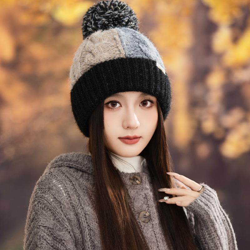 Korean Version of All match Color blocking Plaid Wool Hat Cute Fur Ball Plus Velvet Warm Hat Autumn and Winter Outdoor Leisure Cold Hat New