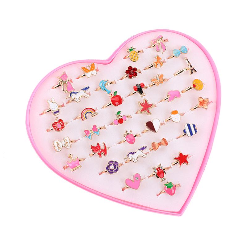 6/9/12/36pcs Cute Adjustable Rings Children Girls Pretend Play Makeup Toys Cartoon Crystal Jewelry Alloy Animal Enamel Rings