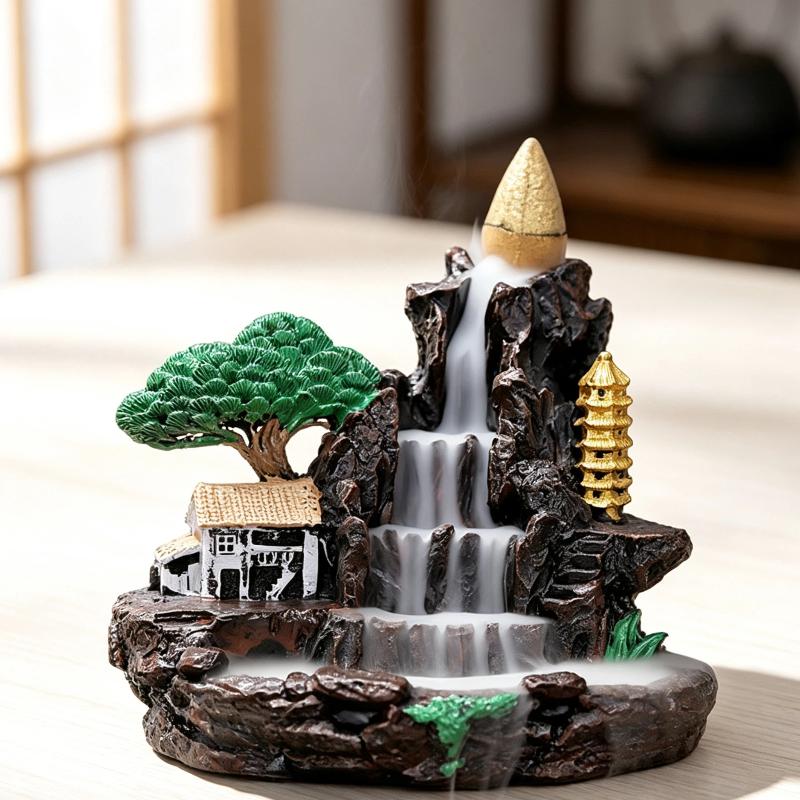 1Pcs Smooth Resin Mountain Waterfall Backflow Incense Burner Handcrafted for Living Room Aromatherapy Decor Gift