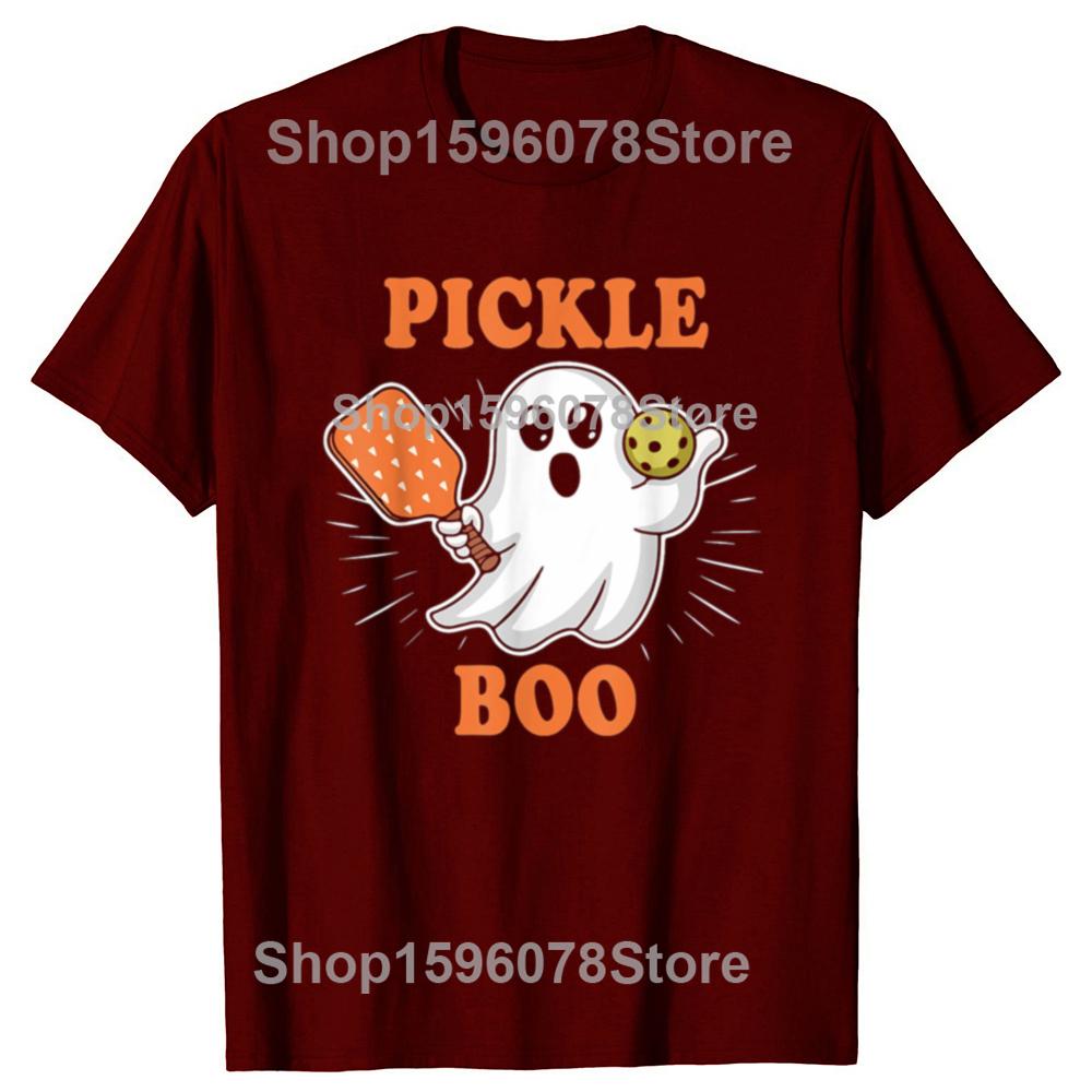 Funny Pickle-Boo Ghost Playing Pickleball Halloween T Shirts Men Cotton Humor Streetwear Tee Shirt Short Sleeve Unisex Clothing