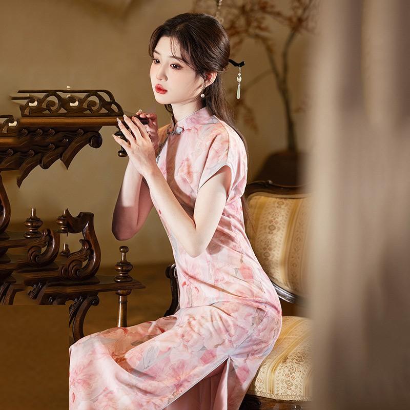 Long Chinese-style Qipao Dress Women Vintage Retro Short Sleeve With Stand Collar Side Slit Swiss Net Fabric