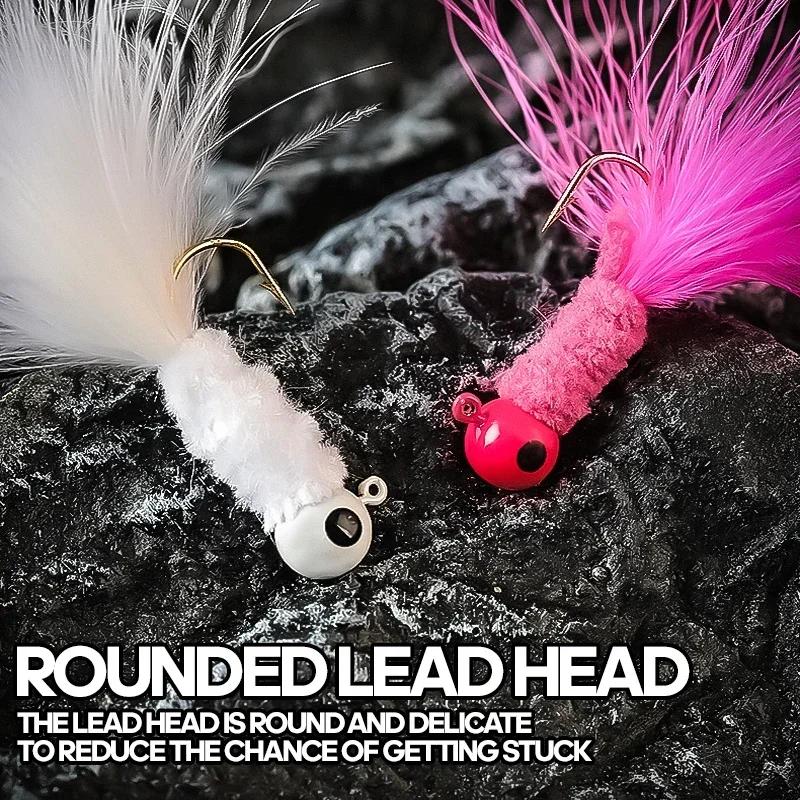 5Pcs Fishing Lure Feather Metal Jig Head Hook Fishing Crappie Marabou Lure for Walleye Pan Fish Sunfish Bluegill Perch Swim Bait