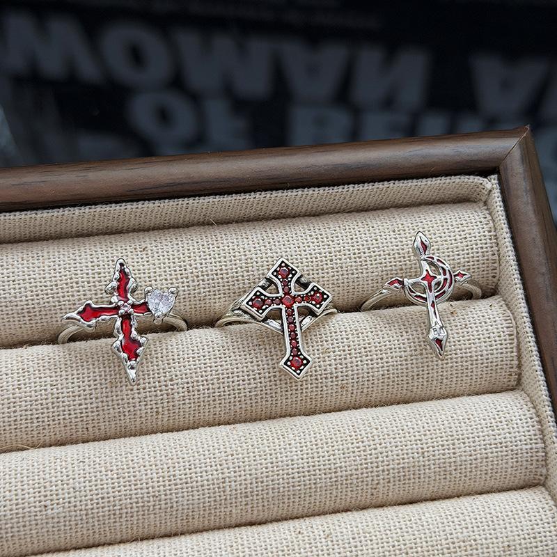Gothic Spice Girl Red Enamel Zircon Cross Tide Opening Ring Sweet Cool Dark Premium Ring