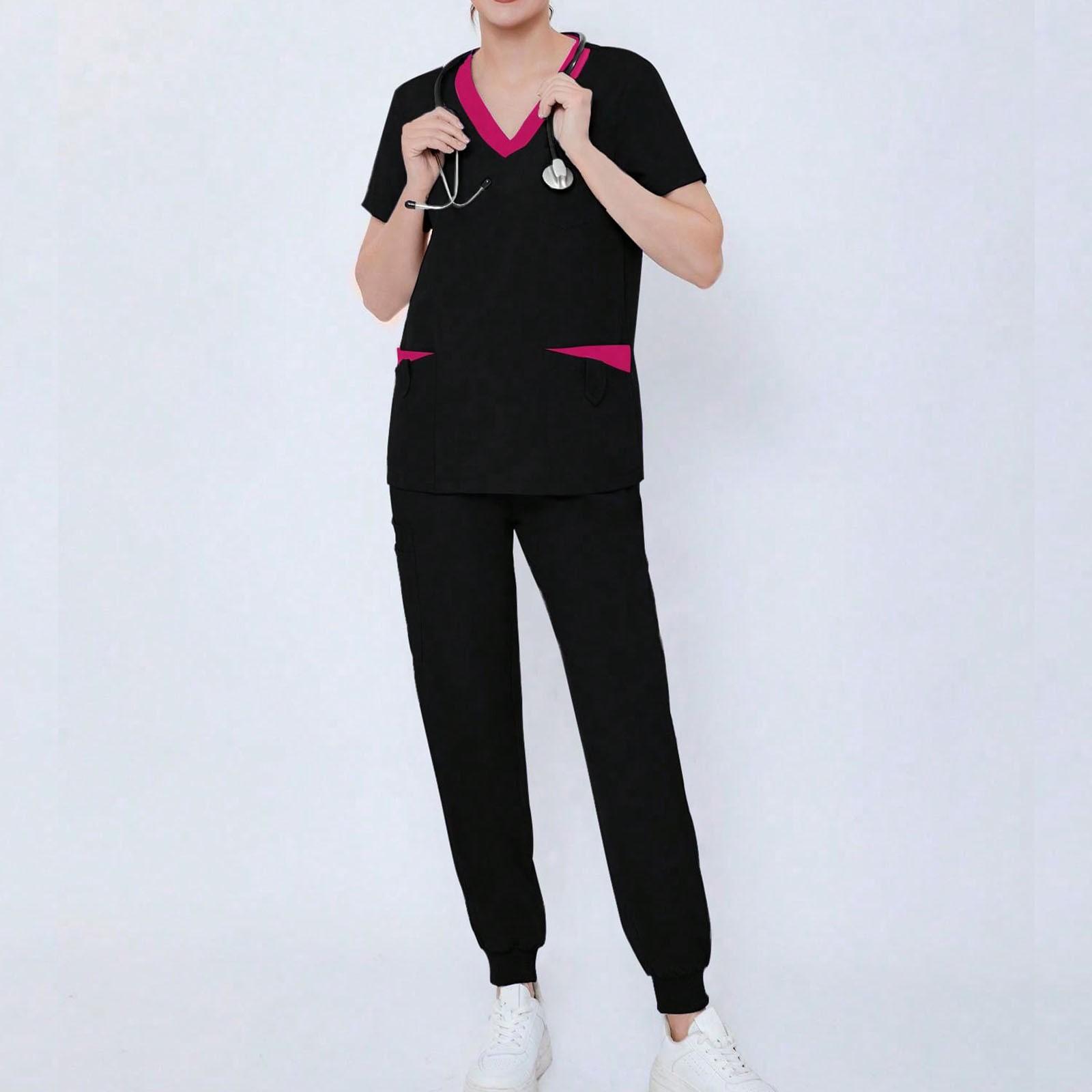 

Женский комплект из двух предметов, однотонный топ с короткими рукавами и карманами, рабочая одежда, комплект из двух предметов L чёрный