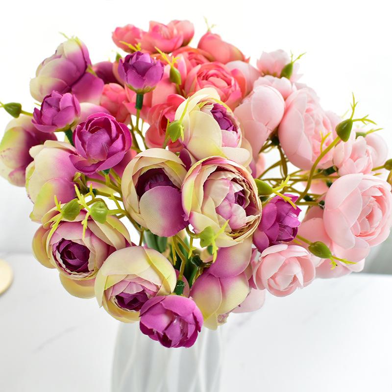 Small Tea Rose Lotus Bunch Fake Flower Simulation Artificial Camellia Hand Bouquet Decorative Ornament Wedding Photo Props