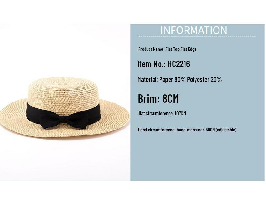Korean Straw Hat for Women: Retro Flat Top Fedora, Sunshade & Sunscreen, Ideal for Outdoor Summer Beach Travel.