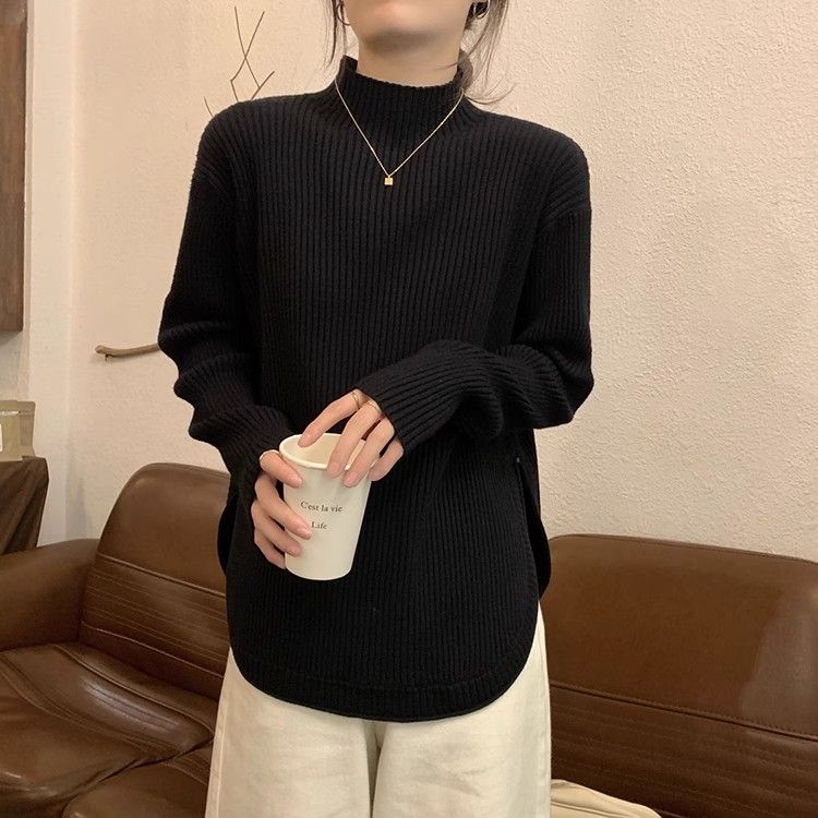 Women's Turtleneck Split Knitted Top Spring Korean Style Fashionable Loose Designed Long Sleeve Upper Garment
