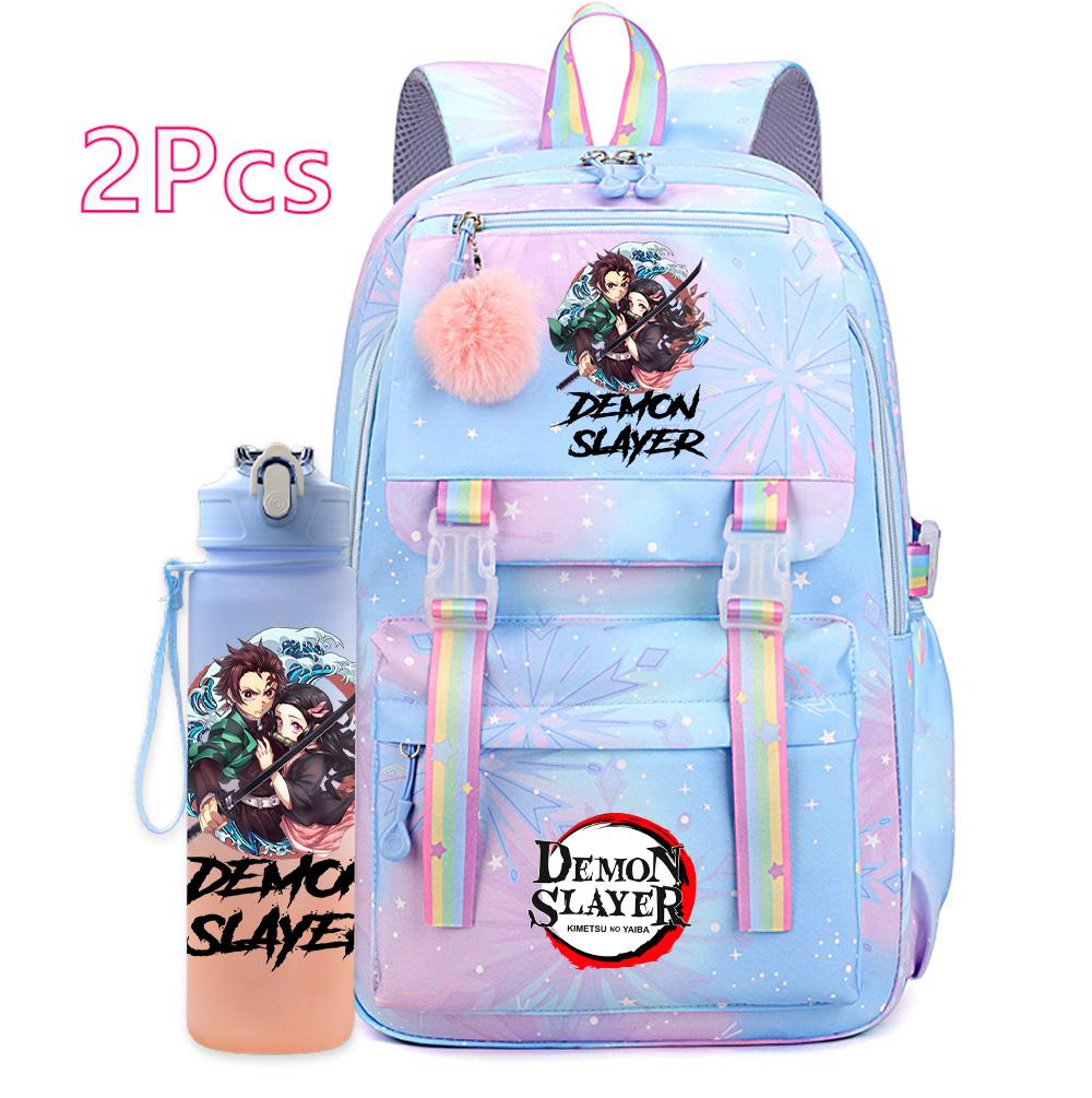 2Pcs/set Cute Demon Slayer Printed Backpack with 750Ml Water Bottler for Teenager Student Girl Boy Large Capacity Waterproof Bookbag Travel Bag Gift