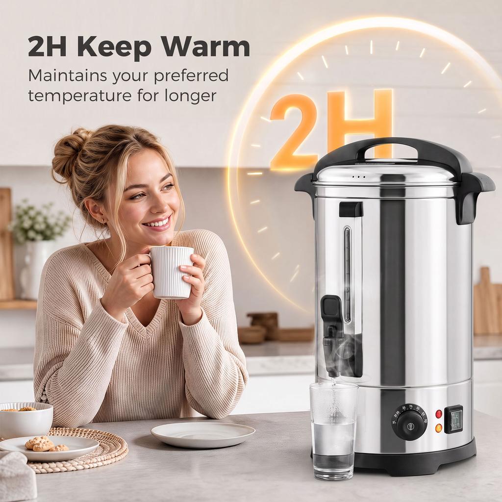 13L Catering Urn, 2500W Stainless Steel Hot Water Boiler Dispenser with Thermostat, Keep Warm Function and Easy Pour Tap