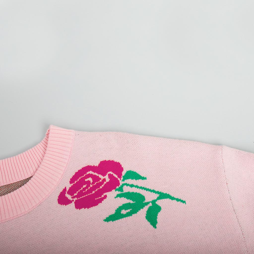 Autumn Winter Rose Print Sweater Women's Round Neck Loose Pullover Versatile Daily Comfortable Knitted Undercoat Top
