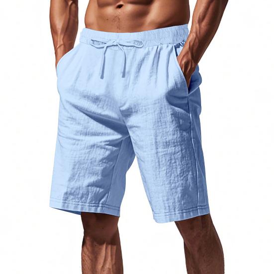 Men Summer Beach Shorts with Pockets Drawstring Elastic Waist Solid Color Versatile Casual Shorts for Daily Wear