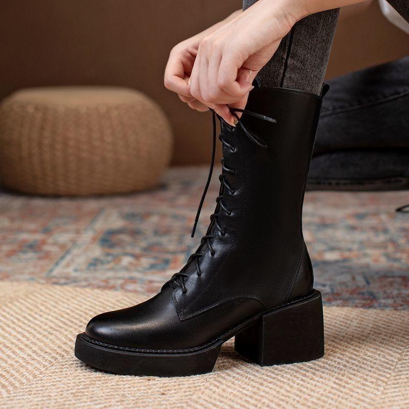 Autumn Winter Round Toe with Laces Ladies Mid Calf Shoes Black Fleece-Lined Middle Heel Women's Half High Boots 2025 New in Boot