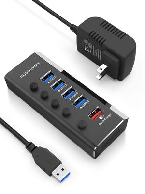 ROSONWAY 2022 USB-betrieben über USB-Erweiterung 1 Schnelllade-AC-Unabhängiger Schalter-Hub, Aluminium, 4-Port 3.0 High-Speed + Port, Selbstversorgend, 12V/2A