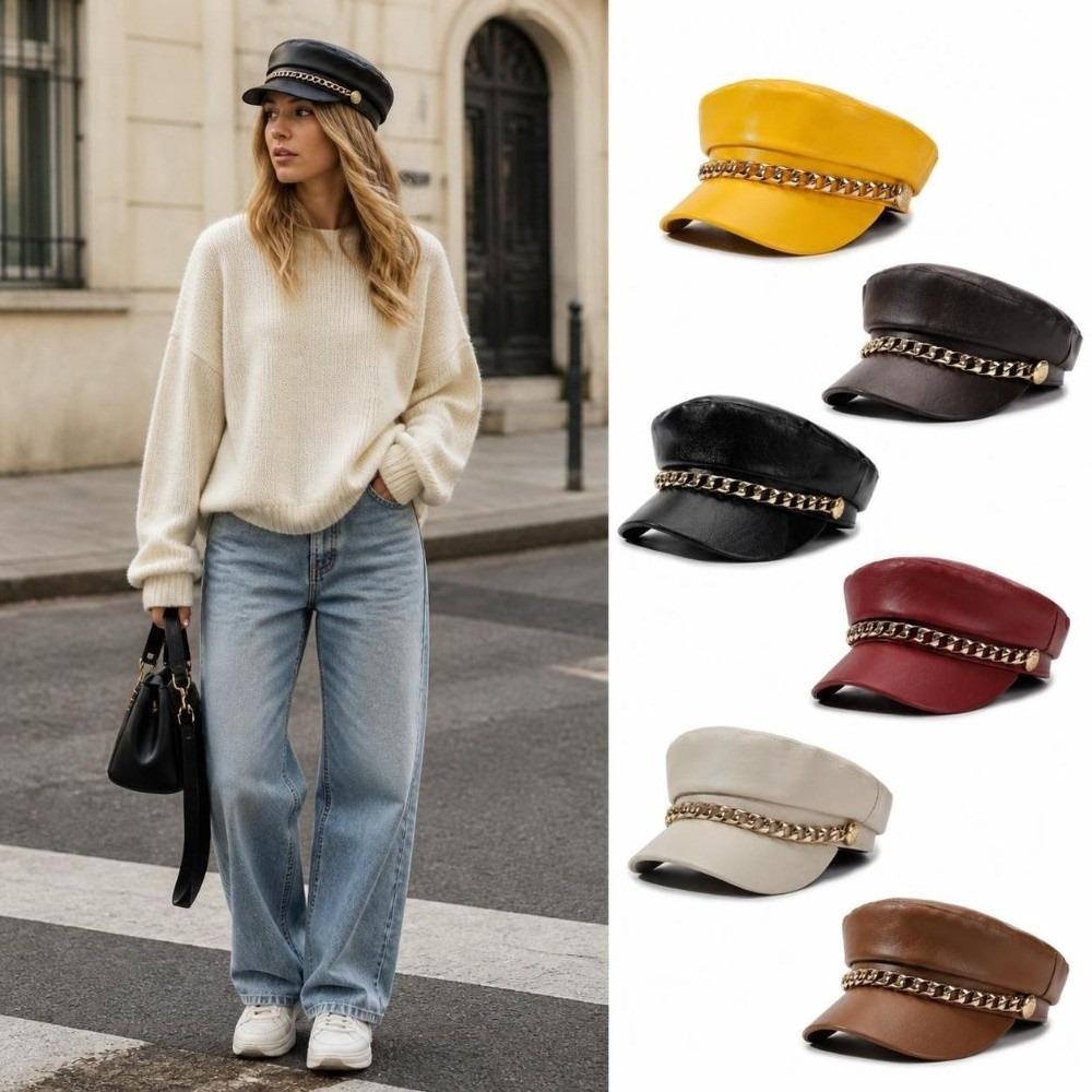 Metal Chain Decor Newsboy Cap PU Leather Flat Top Cap Stylish Baker Boy Cap For Women