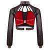 Girls Dance Performance Top Color Block Design Mock Neck Sheer Mesh Sleeves Back Cutout Rhinestone Crop