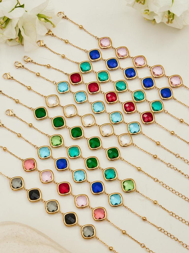 Stylish European & American Stainless Steel Jewelry Set with Square Faceted Glass Stones: Includes Bracelet, Necklace, and Earrings