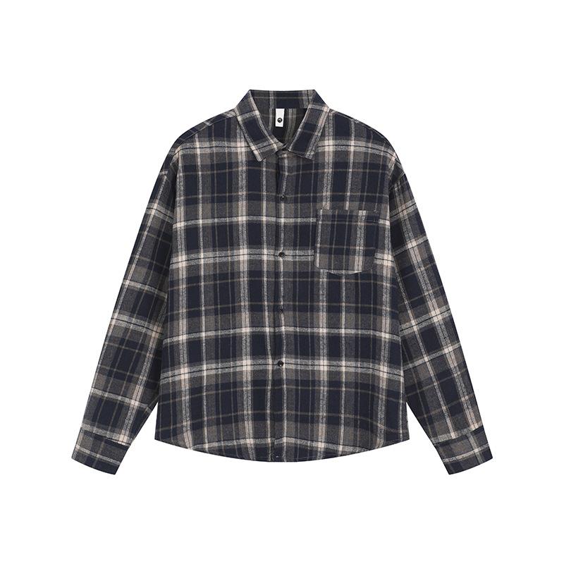 

Autumn Men S Plaid Long Sleeve Shirt Hong Kong Style Men S Casual Loose Lapel Shirt M тёмно-синий
