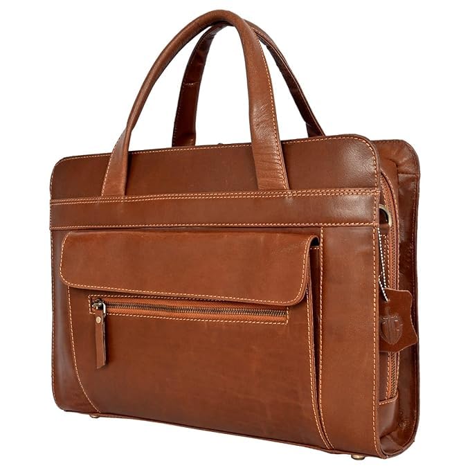Genuine Leather Laptop Briefcase Bag for Men, Durable Vintage Office Travel Carry Business Messenger Shoulder Bag, Multi Pocket Zipper Work Handbag