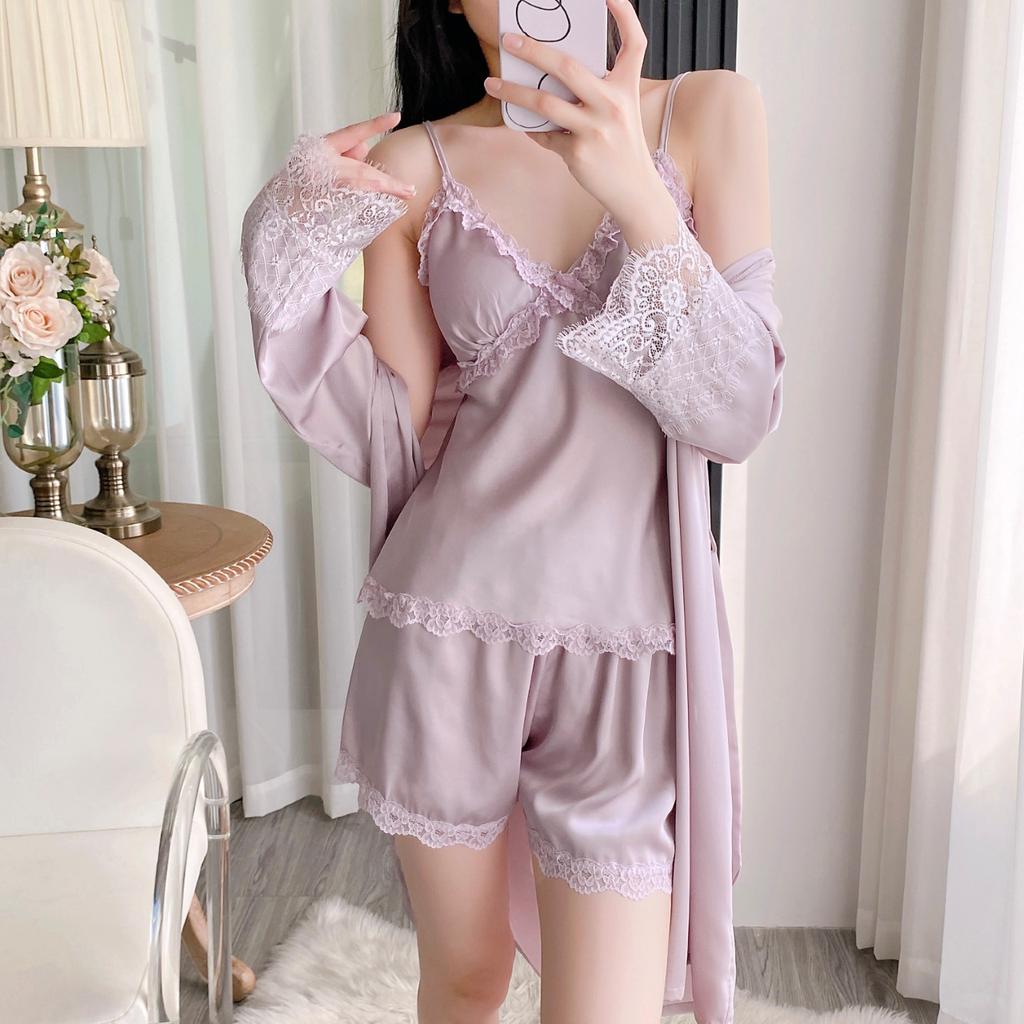 Sexy new pajamas with chest pads, women's spring and summer ice silk suspender shorts, three-piece nightgown set, loungewear